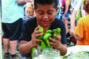 Young boy holding pickles at the 2019 Mount Olive Pickle Festival in Goldsboro North Carolina
