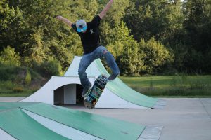 Man on a skateboard at a skateboard park in Goldsboro North Carolina