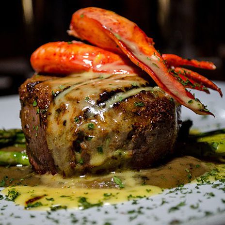 Close up of steak and seafood dinner in Goldsboro North Carolina restaurant