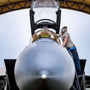 Man working on a fighter jet in Goldsboro North Carolina
